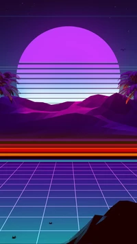 Pôr do sol retrô vibrante: uma paisagem synthwave com tons elétricos e linhas geométricas