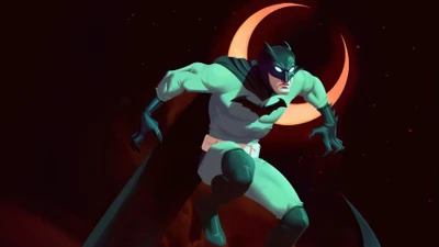 Dynamic Illustration of Batman in Action Under a Crescent Moon