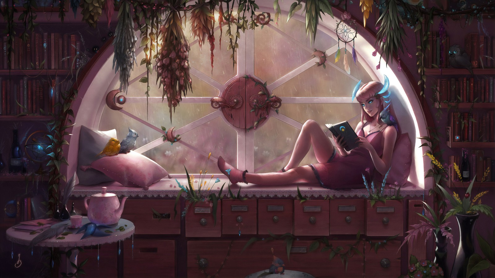 Hay una mujer sentada en el alféizar de una ventana leyendo un libro (artista, pc game, escenario, mural, púrpura)