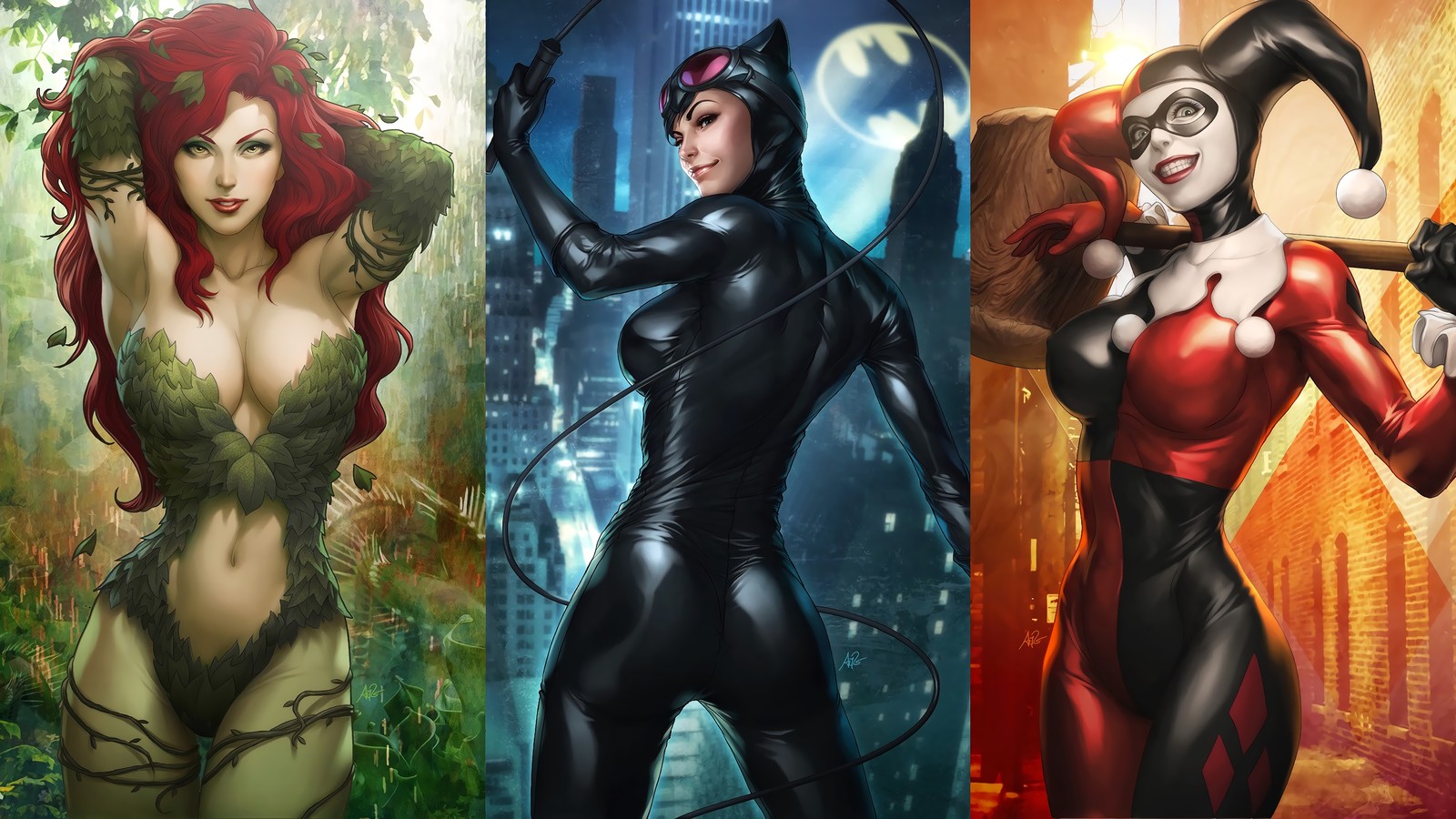 Un grupo de tres mujeres vestidas de negro y rojo posando para una foto (hiedra venenosa, catwoman, harley, quinn, dc comics)