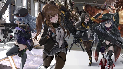 Dynamische Anime-Mädchen aus Girls Frontline mit Gewehren in Aktion