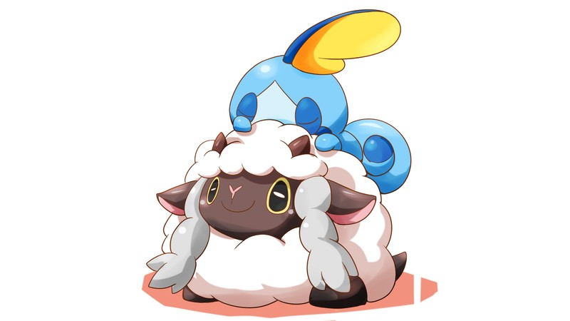 Крупный план овцы с птицей на голове (вуллу, wooloo, соббл, sobble, покемон меч и щит)