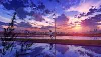 Anime Girl Strolling at Sunrise by Tranquil Waters