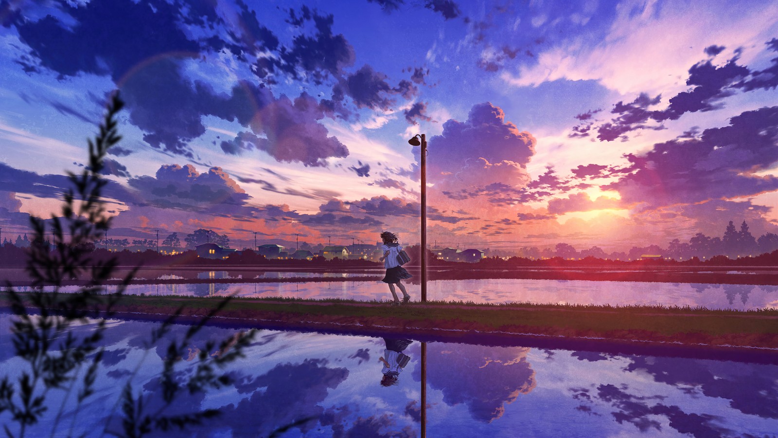 Lade anime mädchen, anime, student, sonnenaufgang, landschaft Hintergrund herunter