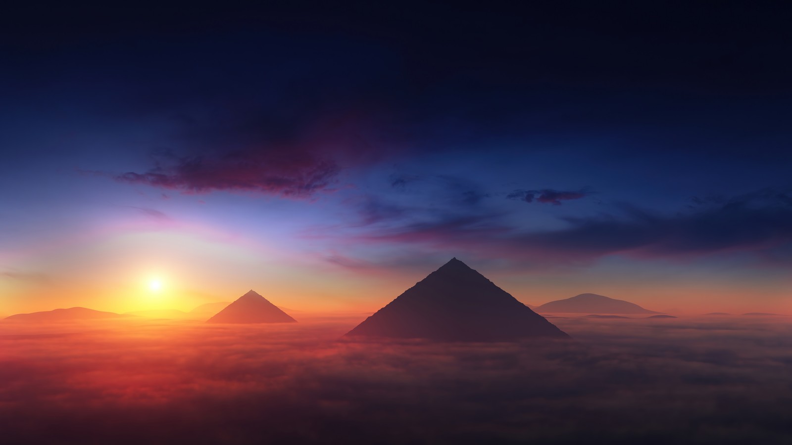 A view of the sun rising over the mountains and clouds (pyramid, sunset, scenery)