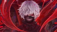 Ken Kaneki aus Tokyo Ghoul, mit seinen ikonischen weißen Haaren und der bedrohlichen Maske, umgeben von wirbelnden roten Elementen.