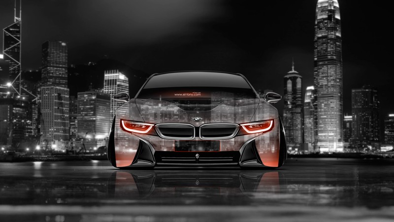 Концепт-кар bmw перед силуэтом города ночью (машина, bmw, bmw m4, bmw i8 купе, bmw i8 coup)