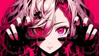 Chica de anime vibrante con llamativos cabellos rosa y negro, mostrando intensos ojos rosa y un estilo de moda audaz.