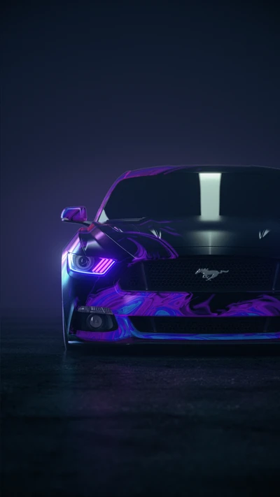 Deslumbrante Ford Mustang roxo com iluminação automotiva