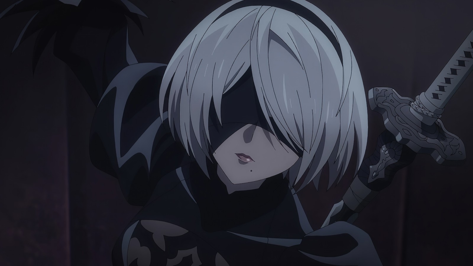 Primer plano de una persona con una espada en una habitación oscura (yorha 2b, yorha tipo a no2, yorha type a no2, nier automata ver11a, nierautomata ver11a)