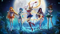 Filles d'anime se transformant sous une pleine lune