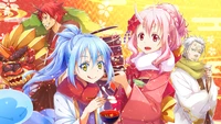 Uma cena colorida com Rimuru Tempest, Shuna, Benimaru e Hakurou, celebrando em trajes tradicionais entre decorações festivas, capturando a essência de camaradagem e alegria de "Quando eu me reencarnei como um slime.