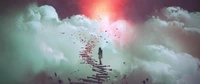 A surreal journey through clouds, featuring a figure on a path of scattered petals leading toward a vibrant, glowing horizon.