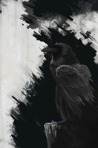 Monochrome illustration of a raven perched, showcasing its detailed wings and beak against a dramatic black and white background.