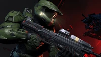 Master Chief in action, wielding a weapon against a dramatic backdrop.