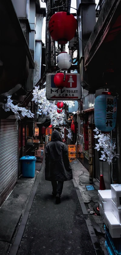 Snowy Urban Alleyway Adorned with Lanterns