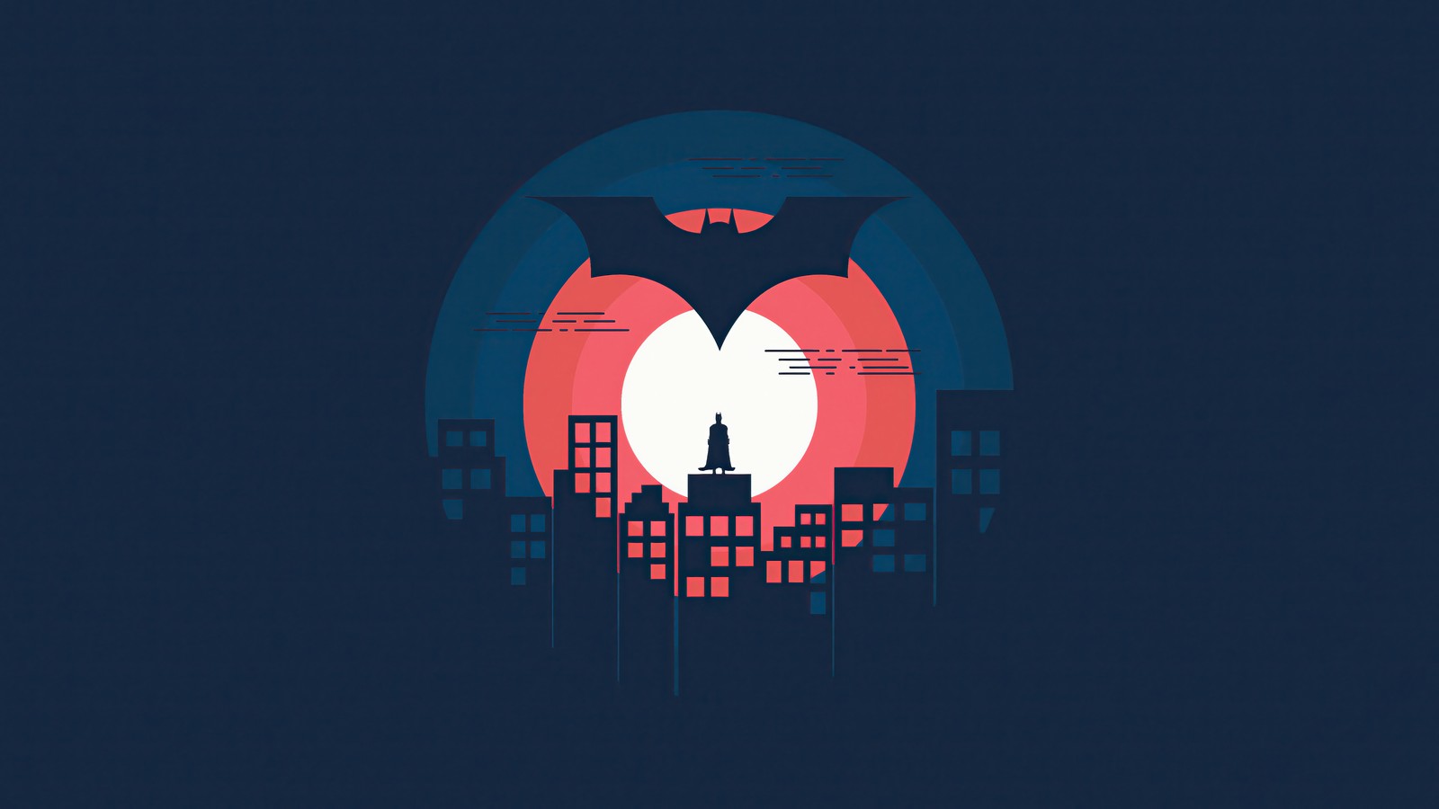 Um fundo azul escuro com uma silhueta de cidade e um sol vermelho (batman, minimalista, minimalismo)