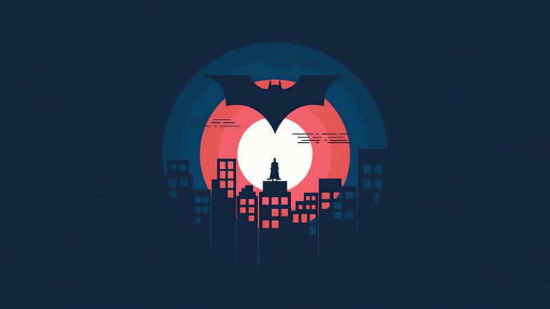 Темно-синий фон с горизонтом города и красным солнцем (batman, минималистичный, минимализм)