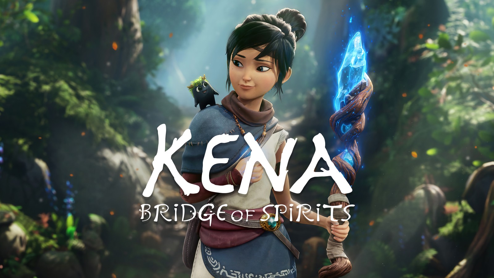 Une femme en robe bleue tenant une épée devant une forêt (kena bridge of spirits, jeu vidéo)