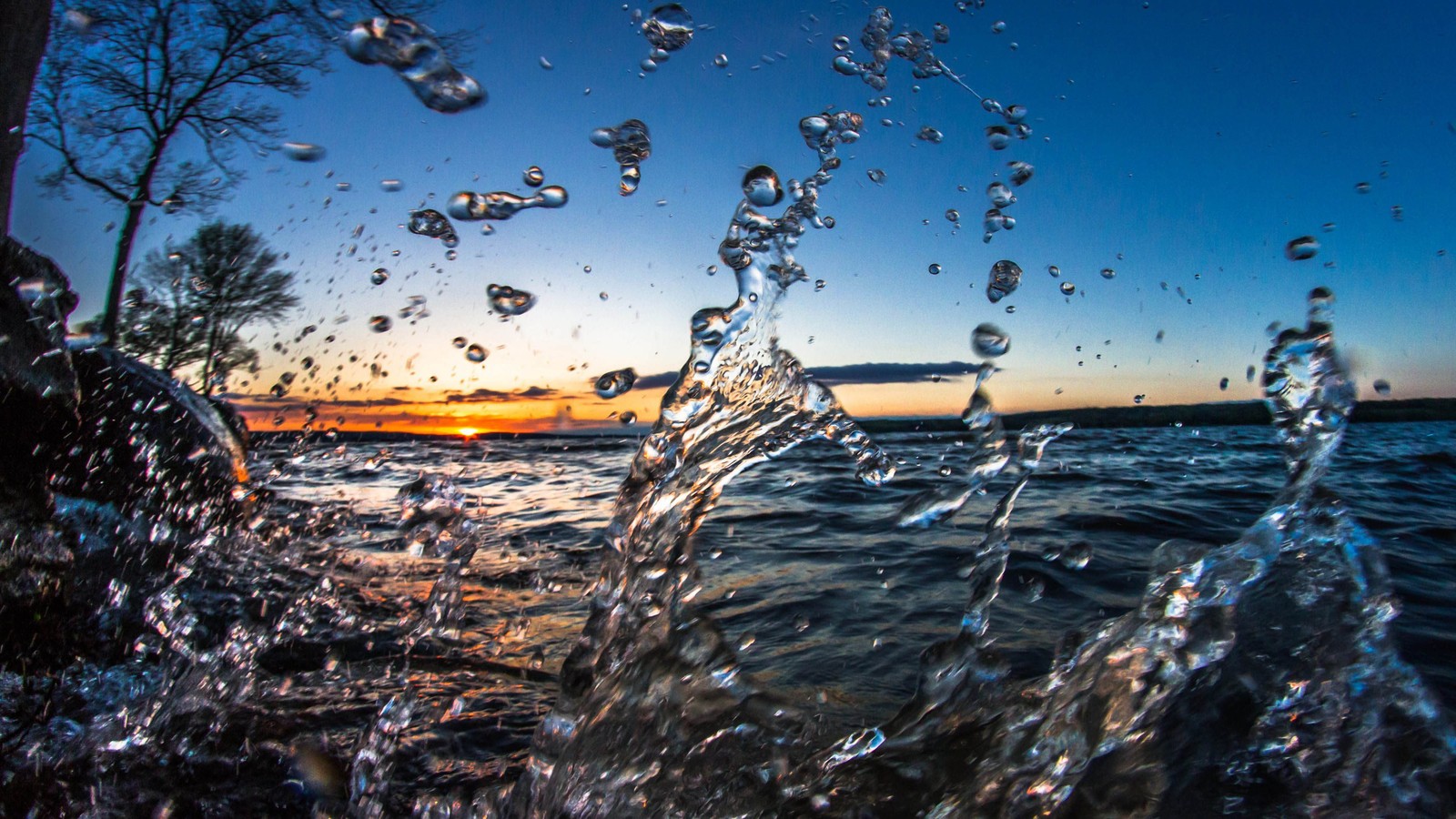 Um close da água respingando na superfície de um lago (água, líquido, atmosfera, planta, nuvem)