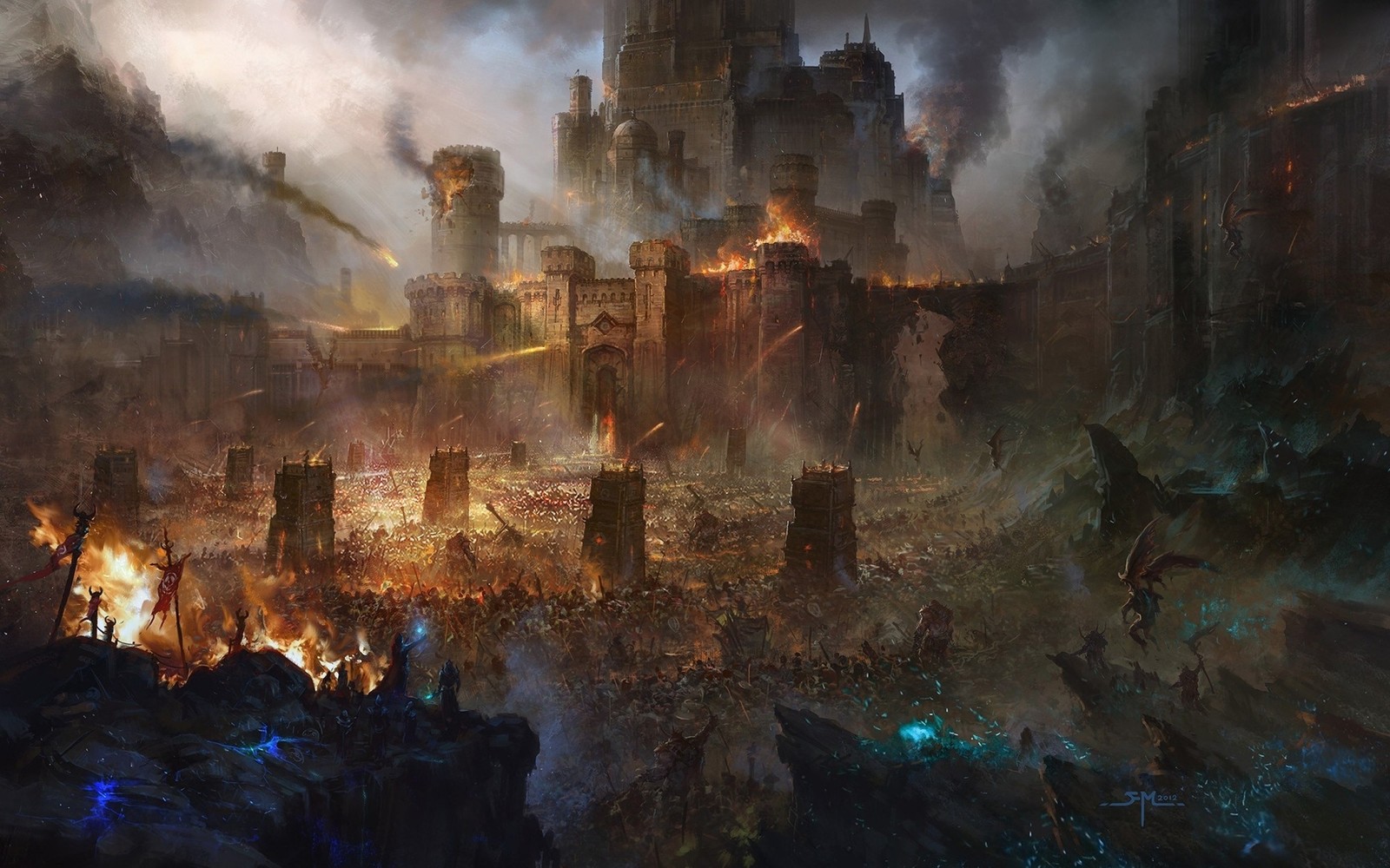 A painting of a city with a lot of fire and smoke (world, art, ruins, painting, fantasy)