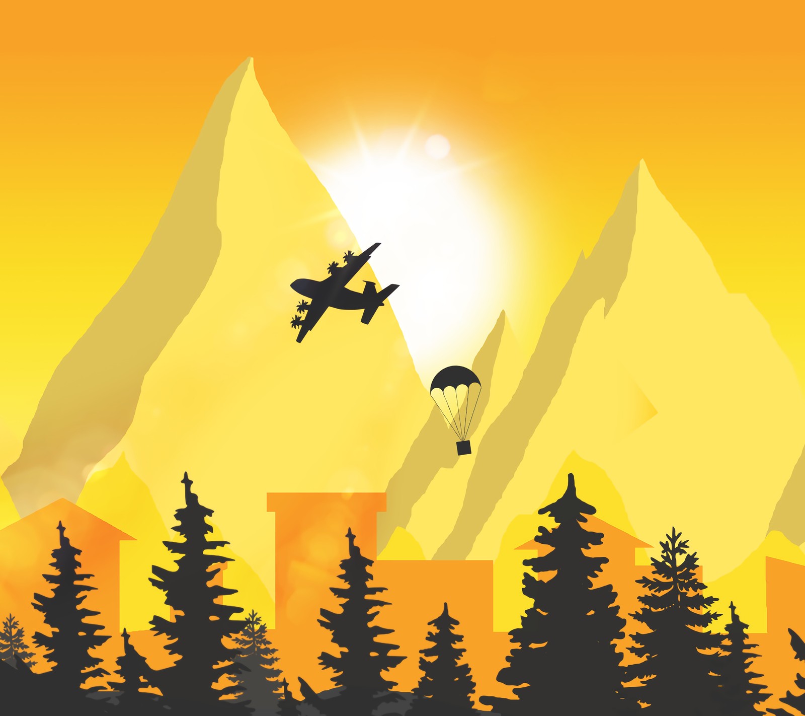 Mountains and trees with a plane flying over them (battleground, crate, fps, pc, player)