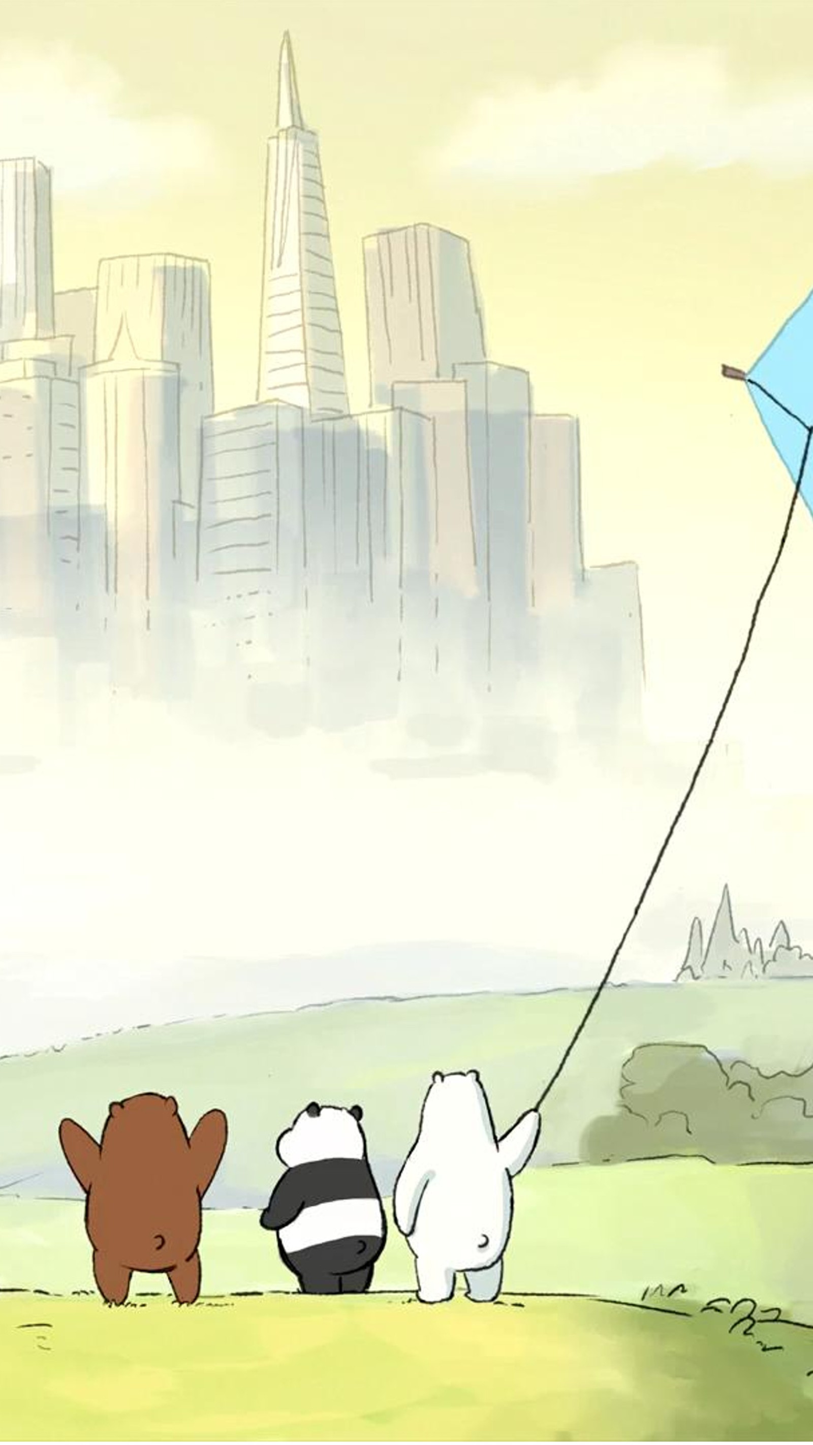 Caricatura de un grupo de animales volando un papalote en un parque de la ciudad (caricatura, cartoon network, lindo, we bare bears)