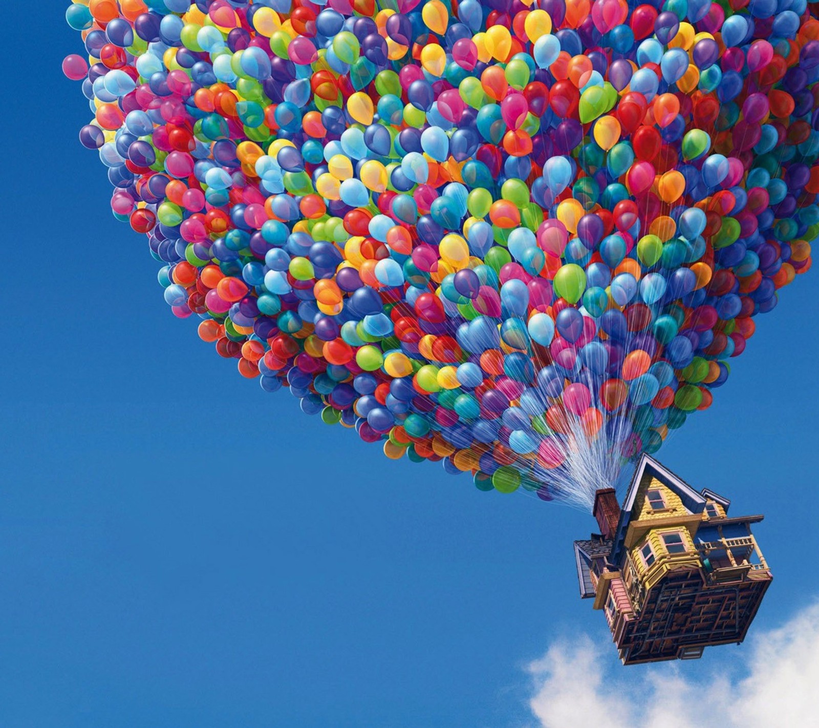 Des ballons volent dans le ciel avec une maison au-dessus (animation, coloré, disney, divertissement, arc en ciel)