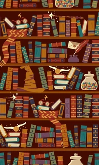 Una escena de biblioteca caprichosa inspirada en el universo de Harry Potter, con libros coloridos, elementos mágicos y símbolos icónicos.