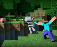 Steve Battles a Skeleton on the Cliffside in Minecraft