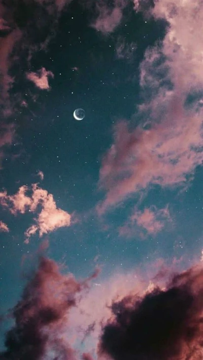 luna, creciente, rosa, nubes, noche