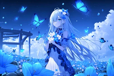 Chica de anime encantadora rodeada de mariposas azules y flores