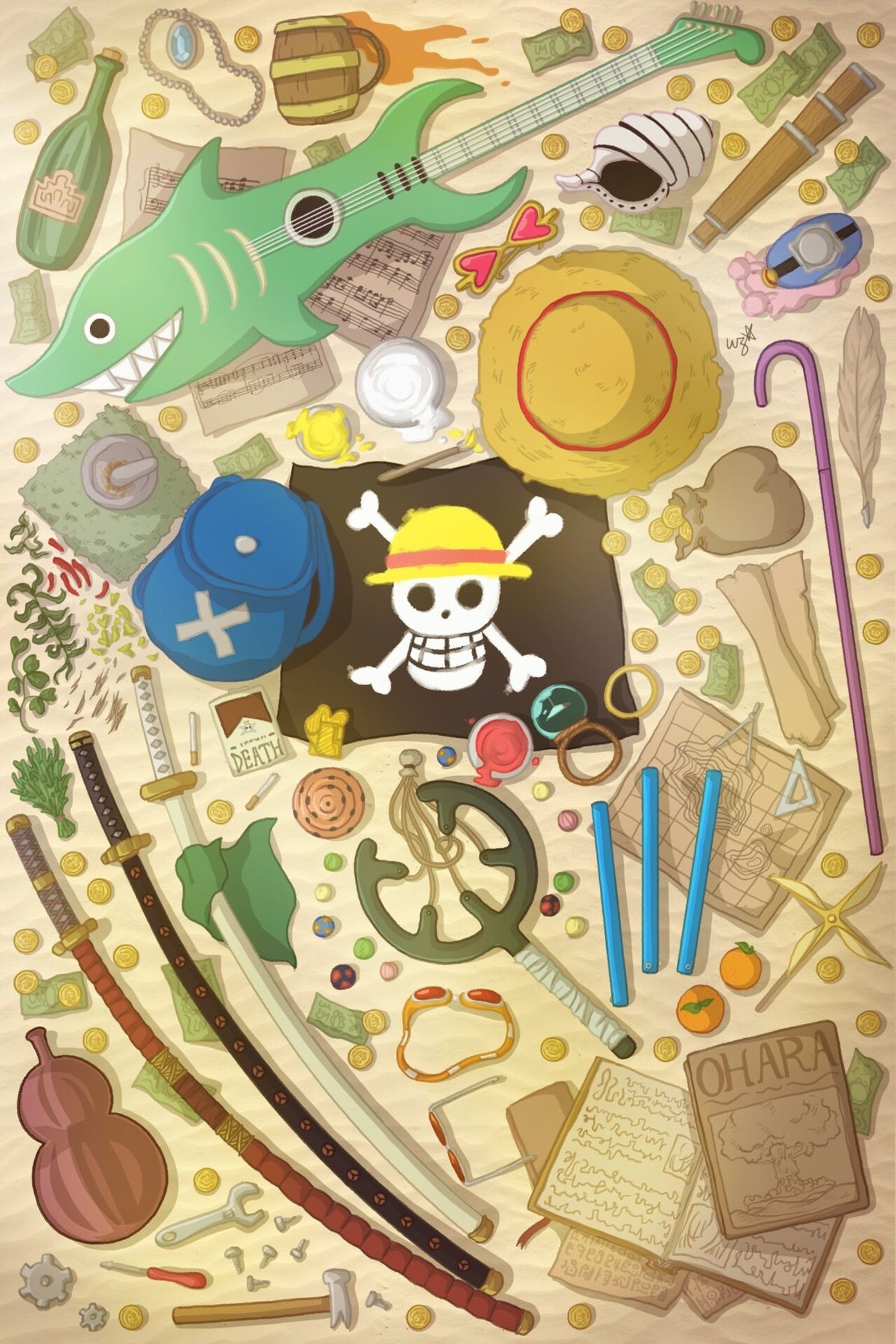 Hay una pintura de una mesa temática de piratas con objetos (as, luffy, marines, oda, uno)