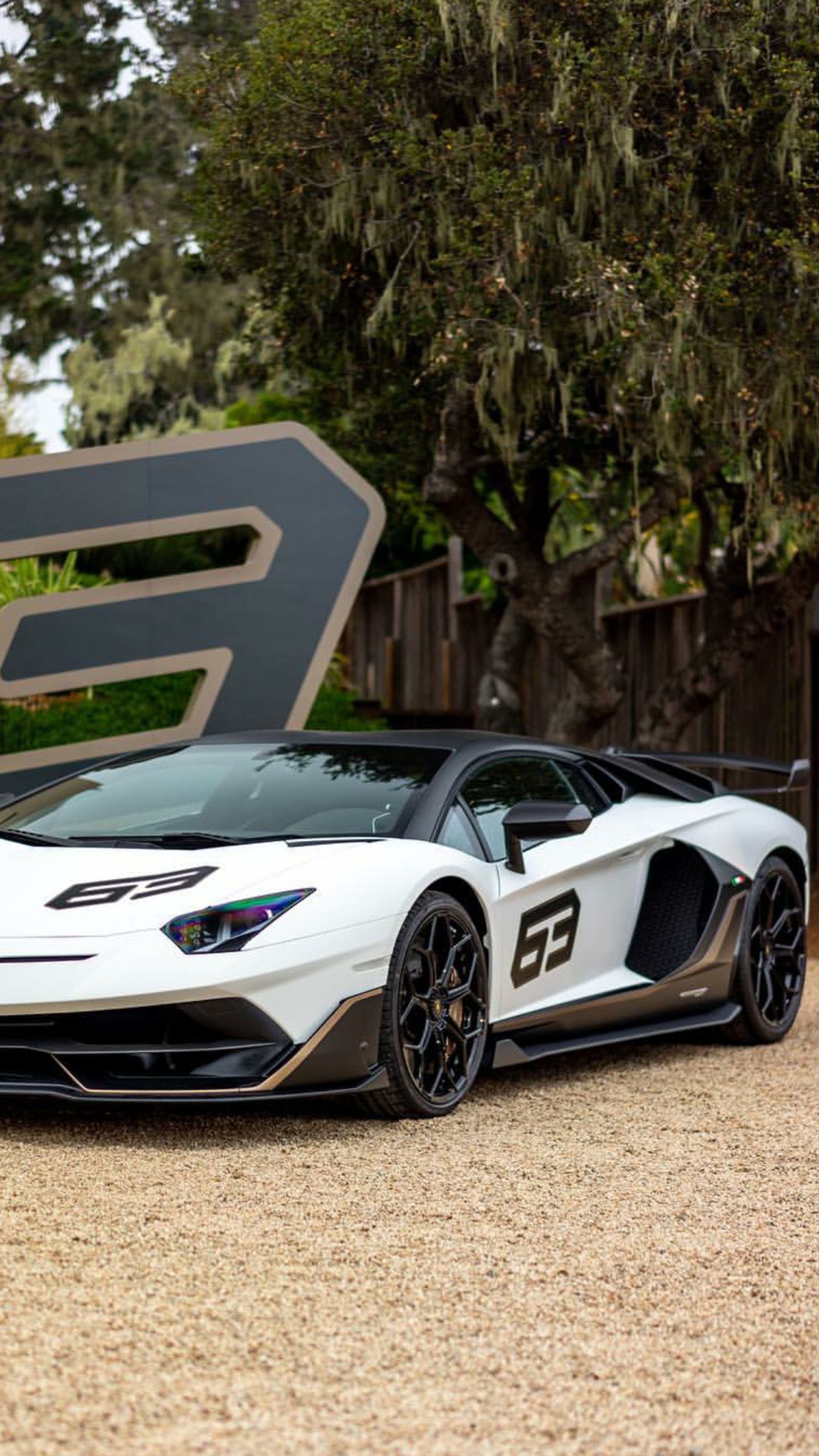 Um close em um carro esportivo branco estacionado em uma entrada (aventador svj, carro, hipercarro, lambo, lamborghini)