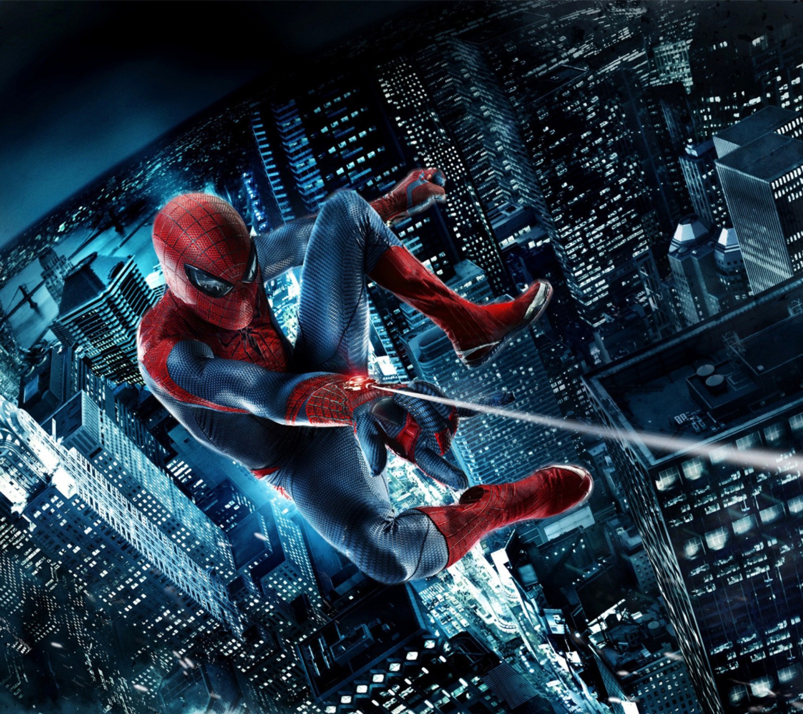 Gros plan de spider-man volant dans les airs au-dessus d'une ville (attitude, génial, bande dessinée, marvel, spider man)