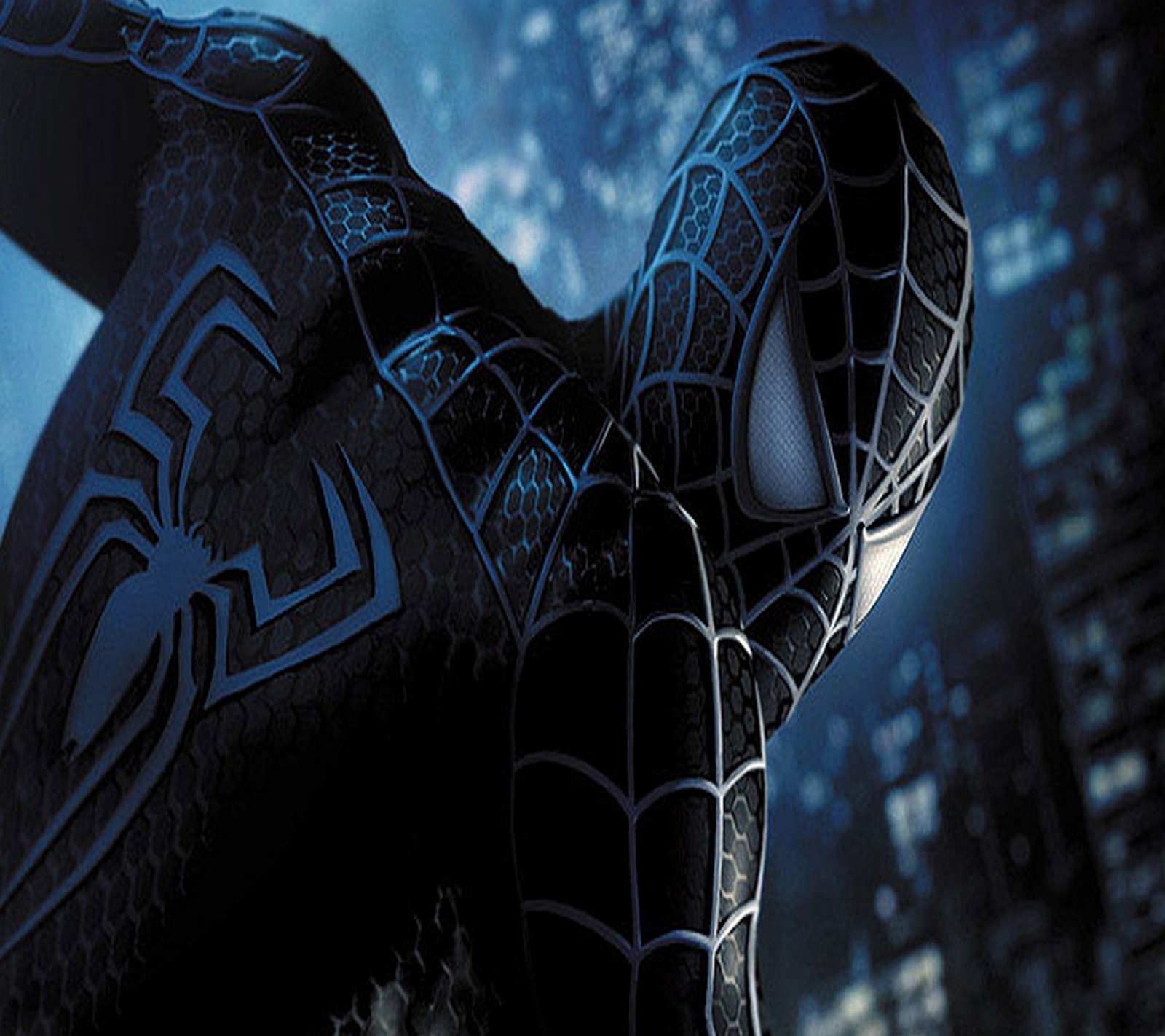 Homme araignée en costume noir avec des yeux bleus et un fond urbain (anime, hd, héros, spiderman)