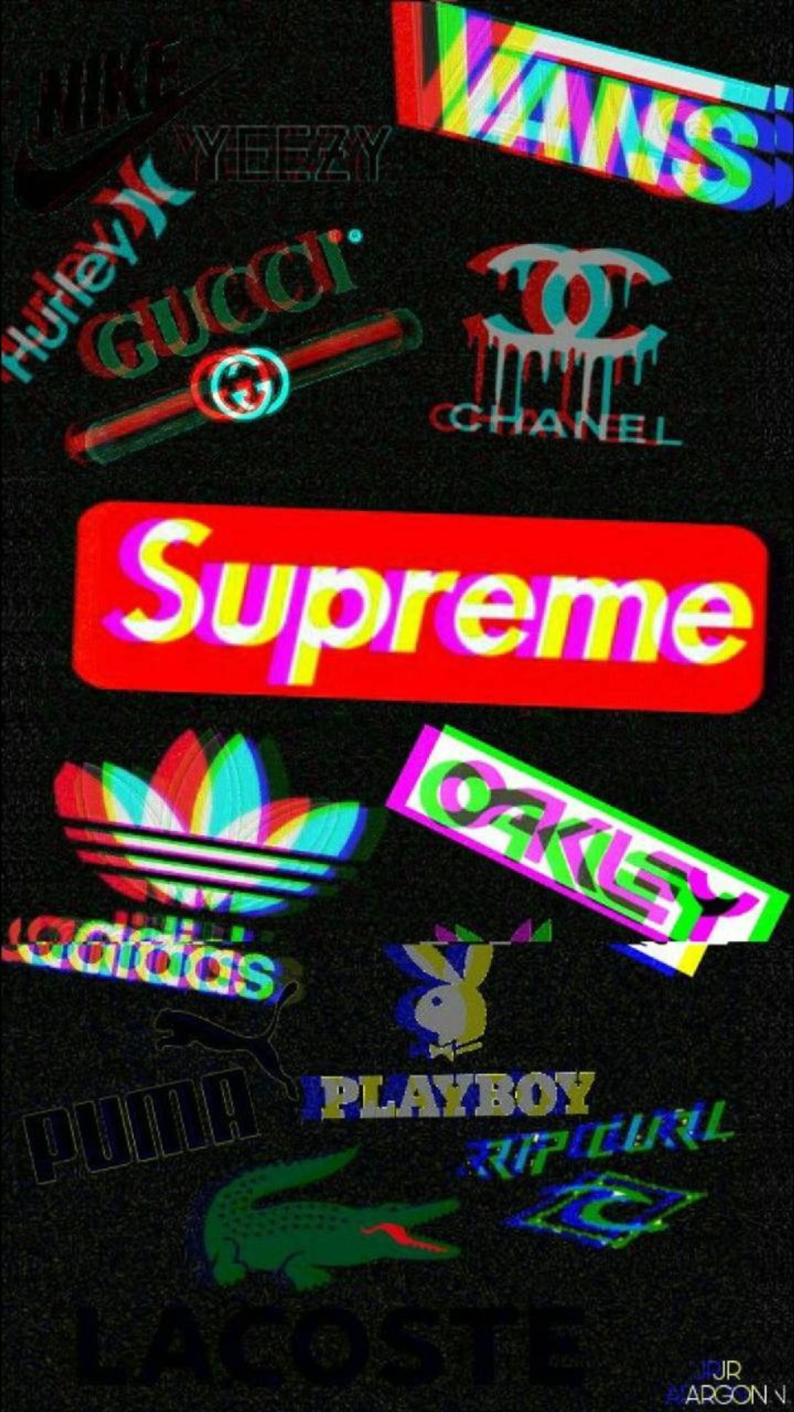 Un gros plan d'un groupe de différents logos sur un fond noir (supreme, logo)