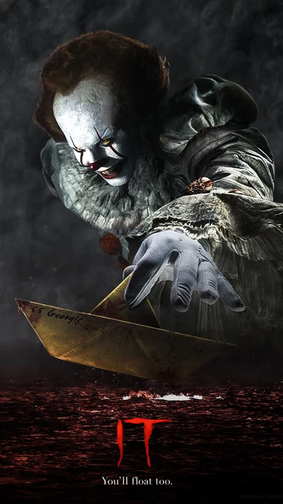 Pennywise der Clown greift nach einem Papierboot in einer dunklen, gespenstischen Szene aus "ES