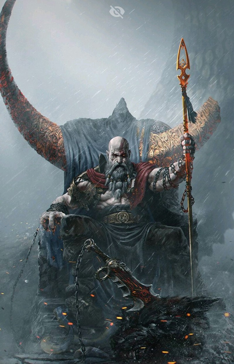 Аэрофотография мужчины, сидящего на троне с косой (god of war, izaan)