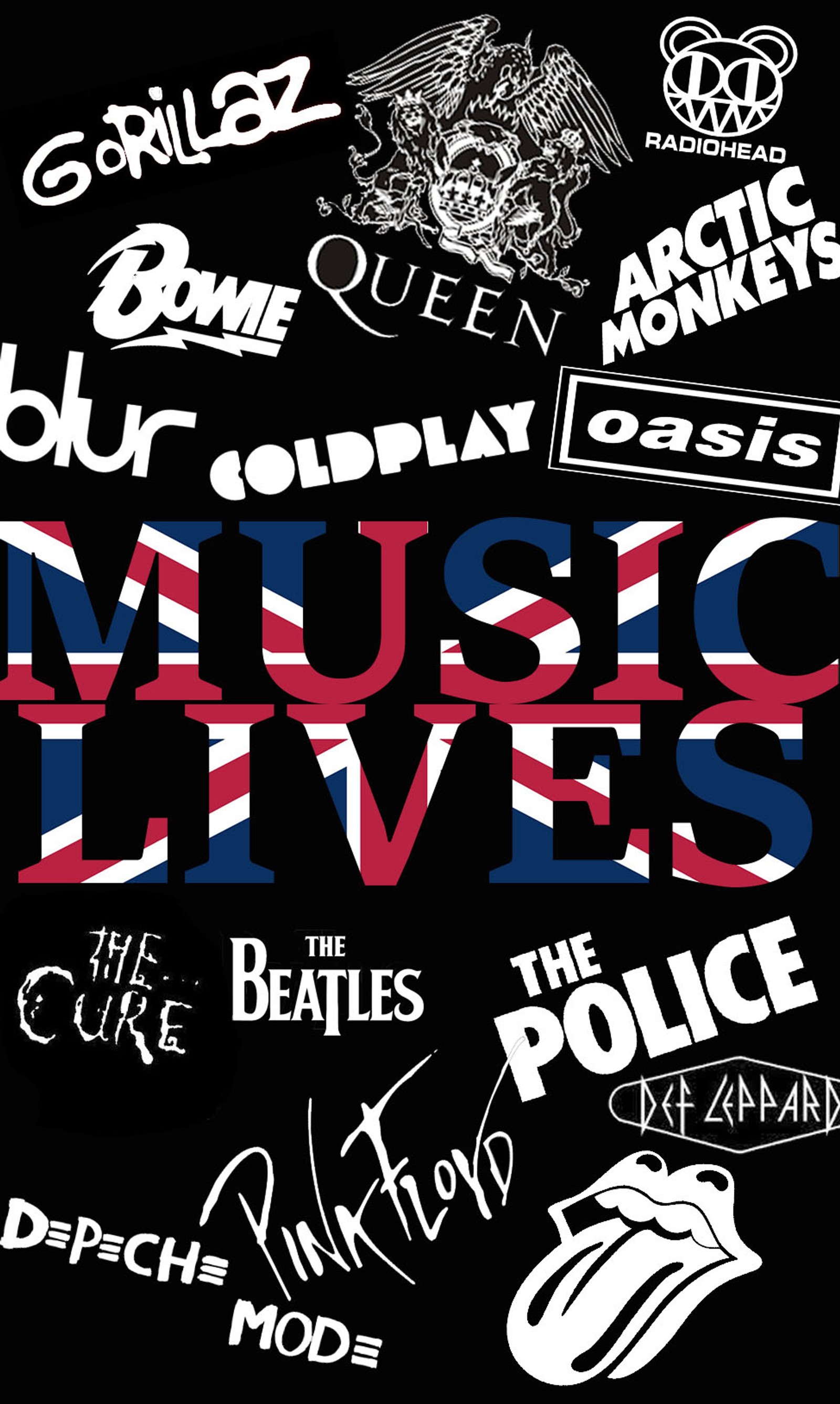 A close up of a poster with various music logos (bands, england, music, rock)