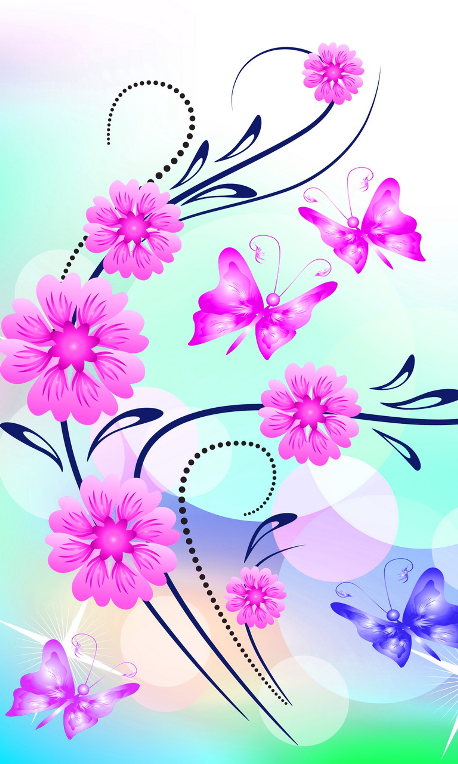 Flowers and butterflies on a colorful background with a blue sky (abstract, butterflies, colorful, floral, flowers)