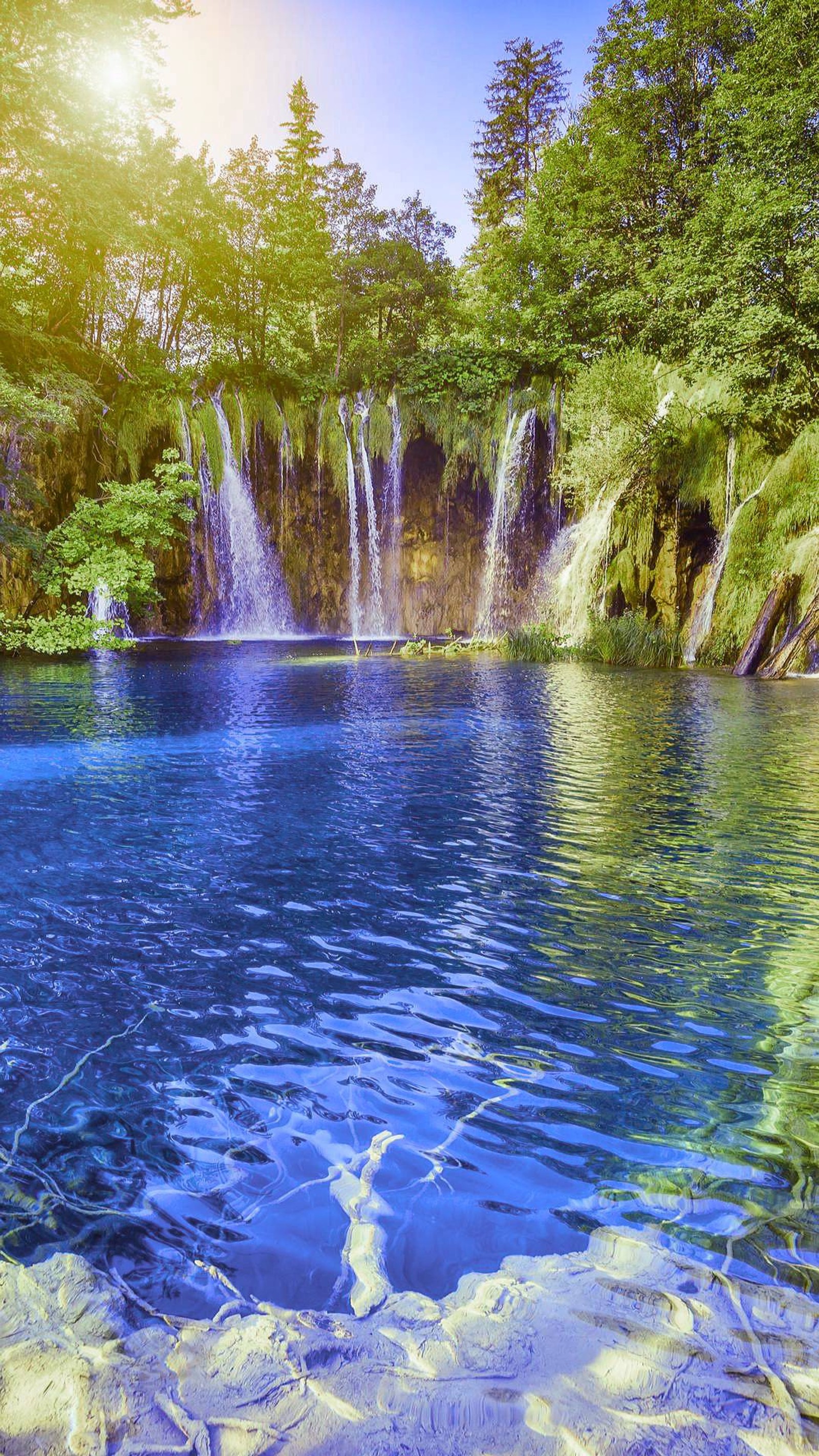 Eine ansicht eines wasserfalls inmitten eines waldes (natur, wasserfälle)