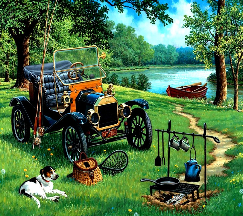 Una pintura de un coche antiguo y un perro en un campo (campamento)