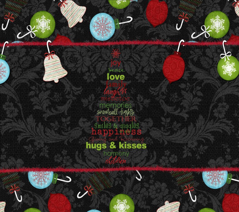 Christmas ornaments and bells on a black background with a red ribbon (chsristmas, quote)