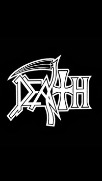 Bold black and white logo of the band "Death," featuring sharp, angular lettering and a grim reaper motif, embodying the essence of metal and rock music.