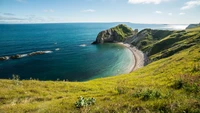 Atemberaubende Küstenansicht: Ein ruhiger Sommerstrand mit Blick auf das blaue Meer