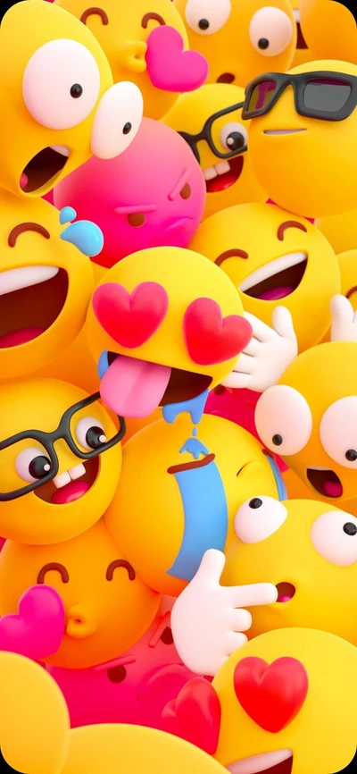 Coleção colorida de emojis divertidos expressando várias emoções, perfeita para um papel de parede vibrante.