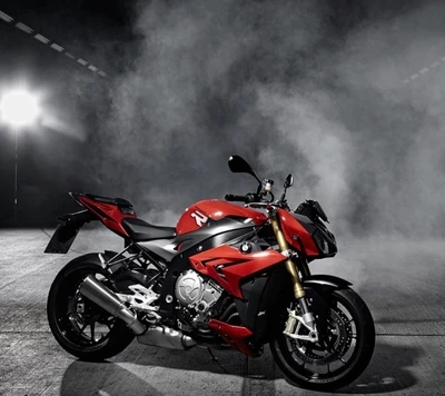 Sleek Red Motorcycle in Dynamic Atmosphere