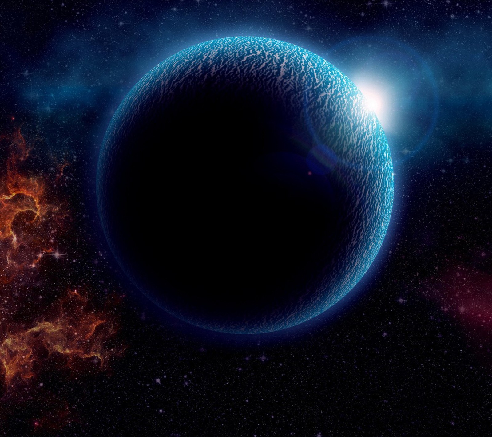 Eine nahaufnahme eines blauen planeten mit einem stern im hintergrund (kosmos, mond, äußere, planet, raum)