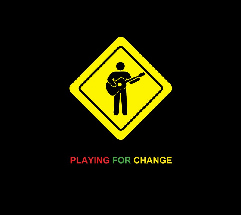 Жёлтый знак с человеком, играющим за мелочь (музыка, мир, playing for change)